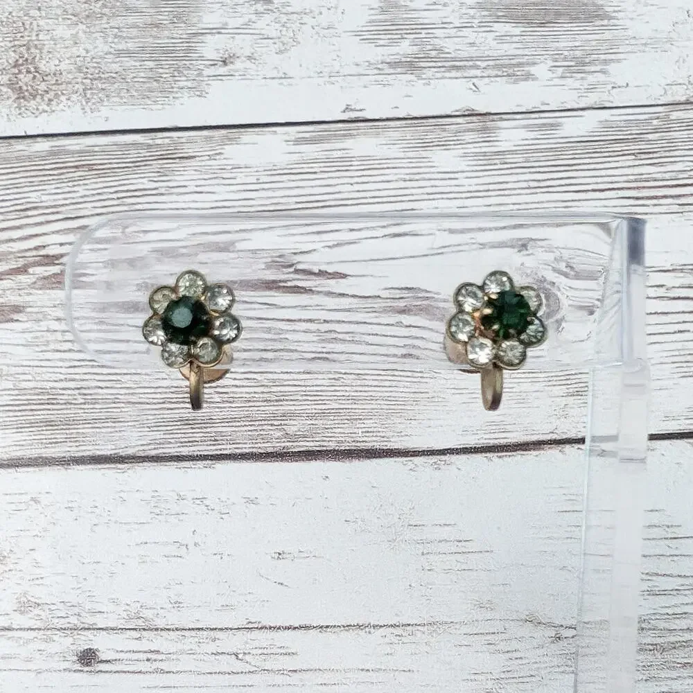 Vintage Screw Back Earrings Dainty Green & Clear Gem